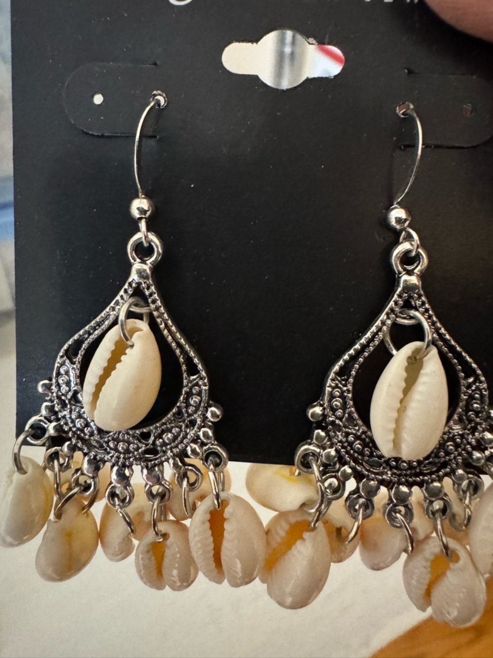 Silver Bohemian Teardrop Earrings with Cream Cowrie Shells